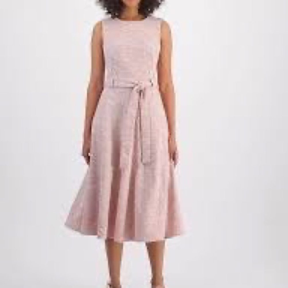 CALVIN KLEIN TWEED Sleeveless Blush Pink Midi Dress with Waist Tie WOMEN SIZE 2